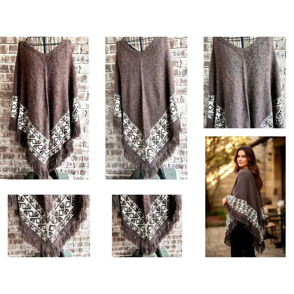 Vintage Fotrama Poncho Shawl Cape One Size Alpaca Wool Fringe Tribal Winter Boho - Picture 3 of 12